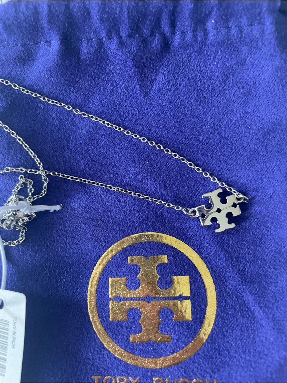 Tory Burch Silver-Tone Logo Charm Necklace 16”
